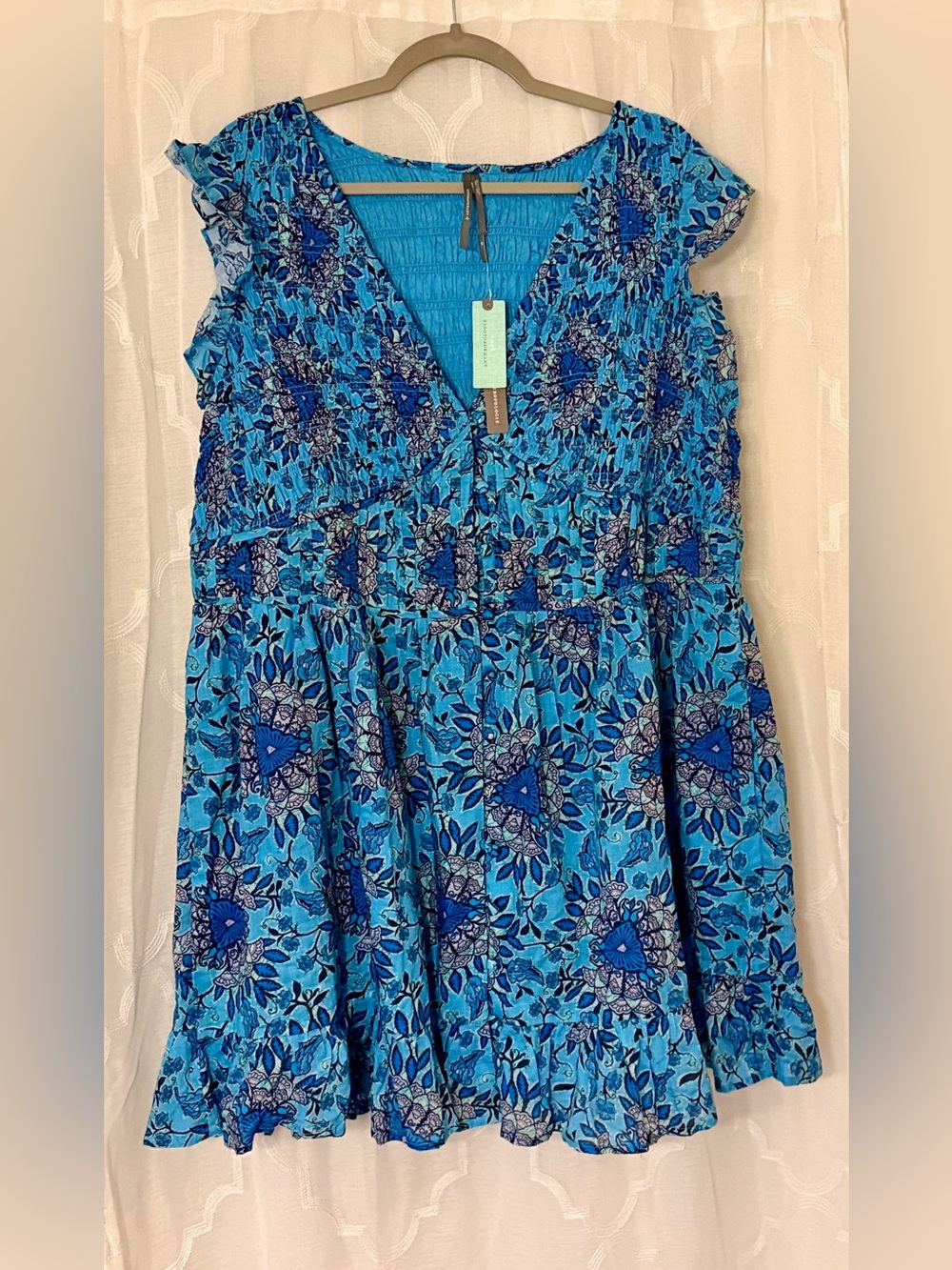 Anthropologie NWT Blue Floral Flutter Sleeve Smocked Mini Dress 2X $148